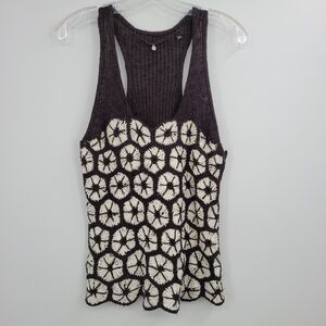 Anthropologie Knitted and Knotted Black/White Crochet Racer Tank Top